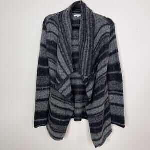 360 Cashmere Striped Drape Front Cardigan Sweater Black Gray XSmall Wool Blend